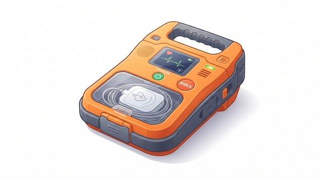 *Portable AED defibrillator. Orange automated external defibrillator with screen showing ECG, shock button and electrode pads, isolated on white background.*