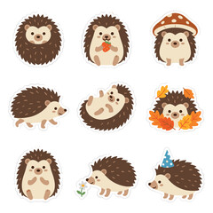 Obraz premium Cute Hedgehog Sticker Set with Kawaii Animal Illustrations