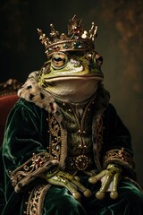 Fototapeta premium Anthropomorphic frog wears kingly robe and golden crown. Royal amphibian sits regally, fantasy character. Charming prince look, green velvet attire.