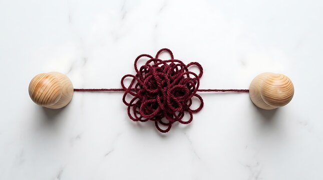 Wooden figures connected by a single piece of dark red string forming a messy tangled knot in the center on clean white marble surface representing complex communication problems or relationship
