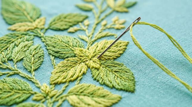 Fresh mint leaves embroidery design featuring shades of green thread on light blue fabric for vibrant culinary craft projects.