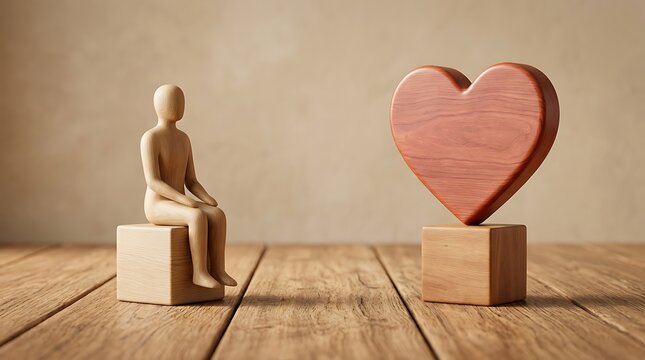 Stylized wooden human figure sitting on block looking towards large polished wooden heart shape on pedestal in warm toned studio environment representing love connection and emotional reflection