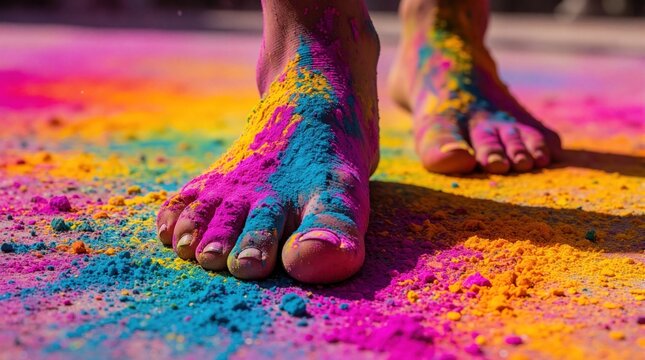 Close up of bare feet covered in bright Holi powder. Colorful pigment stains skin, ground. People walk on vibrant multicolored dust during Indian spring festival celebration. Joyful movement creates