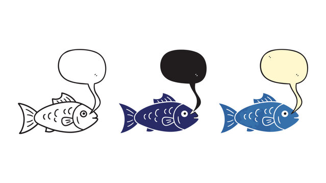 Blue fish speaking with speech bubble vector cartoon set