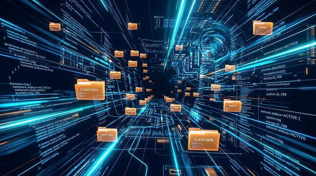 Digital data network with floating folder icons and blue light