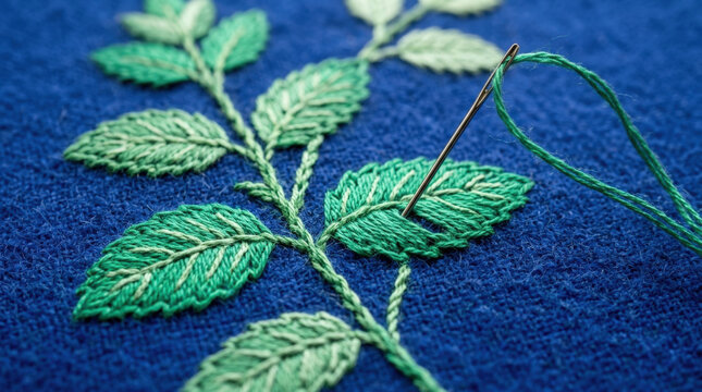 Green leafy branch embroidery on blue fabric displays textured stitch details crafted with needles for botanical textile decor.