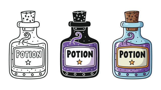 Three magic potion bottles vector illustration with labels
