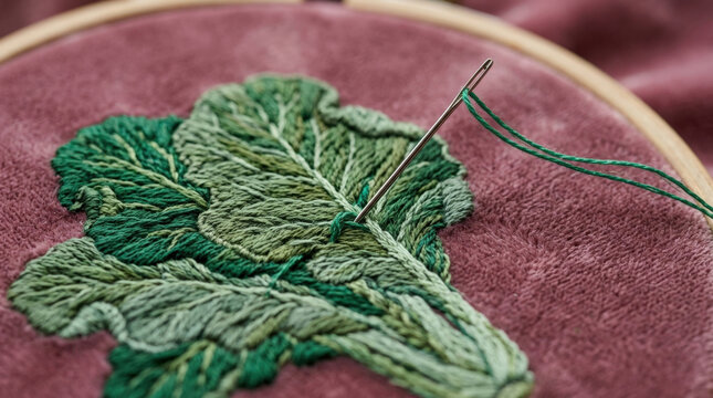 Green leafy vegetable embroidery art on purple velvet fabric for handmade textile gifts and unique creative interior home decor.
