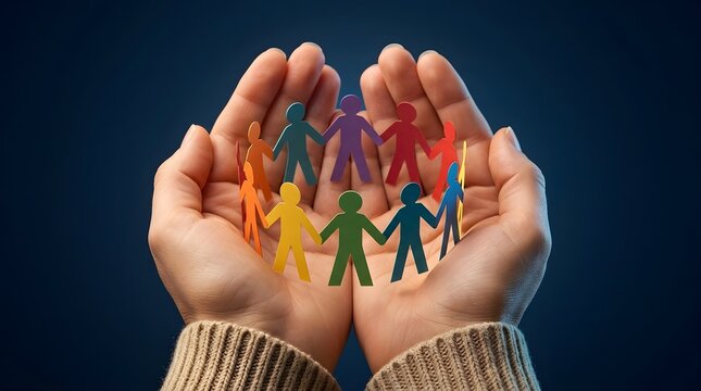 Close-up of hands cupping a circle of diverse colorful paper people cutouts, symbolizing community support, unity, social inclusion, and teamwork on a dark blue background.