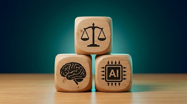 Conceptual image of AI ethics and legal regulation featuring wooden cubes with icons of justice scales, human brain, and artificial intelligence chip on a wooden surface.