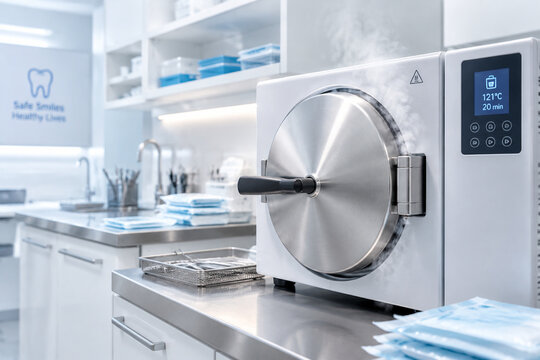 White steam escaping from an autoclave door in a modern dental clinic.
