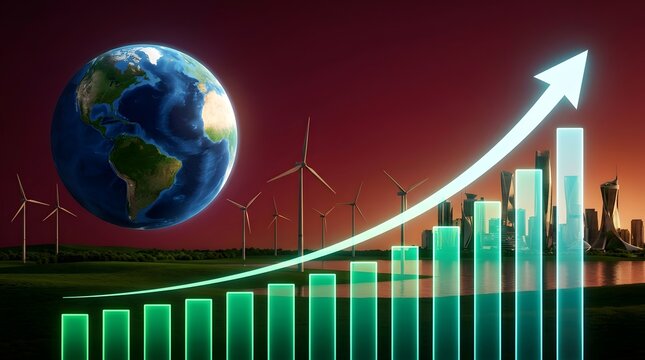Global sustainable economic growth concept featuring rising green financial bar graph, wind turbines, futuristic city, and Earth globe background for ESG investment and green energy success.