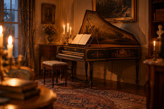 A harpsichord in an elegant room illuminated by warm candlelight.