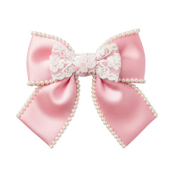 Pink satin hair bow with white lace and pearl trim isolated on white background