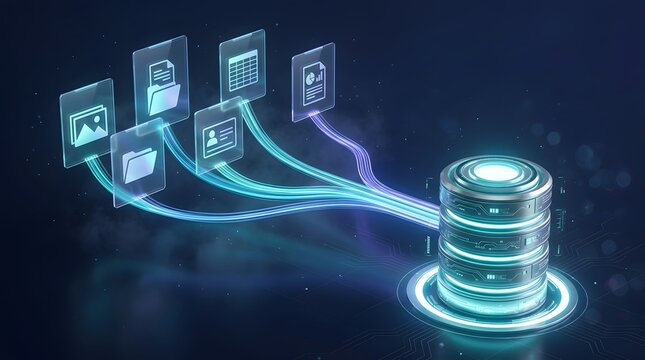 Digital database server concept with glowing fiber optic connections to floating document icons, symbolizing cloud storage, big data management, and futuristic information technology systems.
