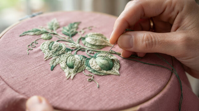 Hands embroidering botanical physalis plant using needle and thread on soft pink fabric for artistic home textile decor projects.