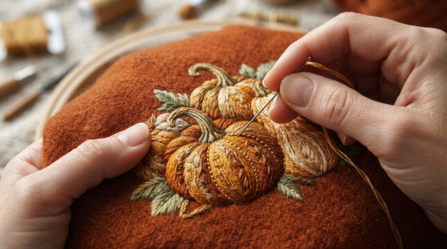 Hands stitching orange pumpkin design on autumn textured fabric using embroidery needle and thread for harvest home decoration.