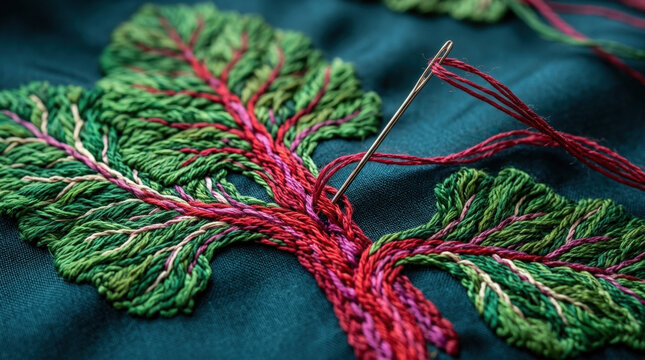 Intricate botanical embroidery design featuring vibrant green leaves with red veins for textile crafts and creative decoration.