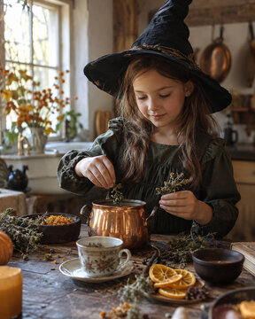 Young witch preparing herbal tea in a cozy rustic kitchen, adding dried botanicals to a copper pot surrounded by herbs, citrus and autumn decor.
