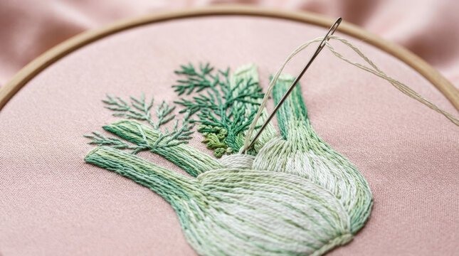 Intricate fennel bulb embroidery featuring fine green leaves on soft pink fabric inside wooden frame for kitchen home decor.