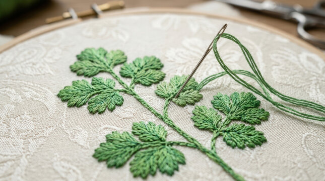 Intricate green leafy plant embroidery design handmade needlework textile art piece decorative botanical craft for home hobby.