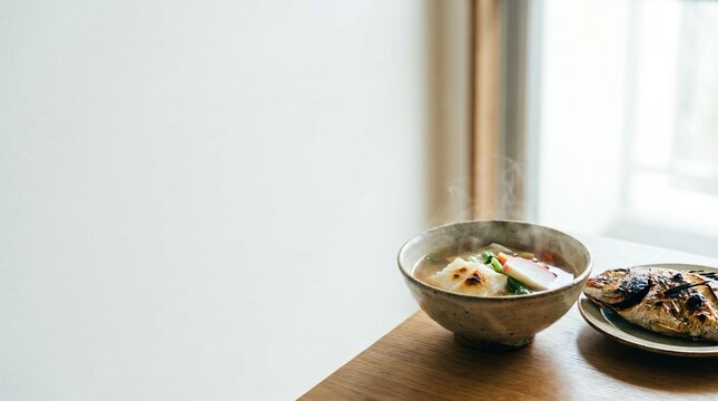 Traditional japanese new year breakfast with hot ozoni soup and grilled fish by window with copy space