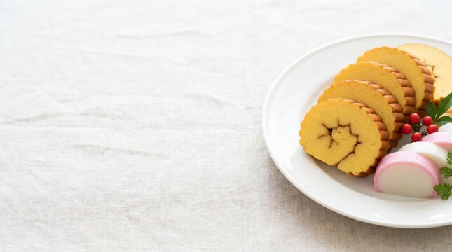 Slices of sweet rolled omelette datemaki and red white kamaboko fish cakes on white linen with copy space