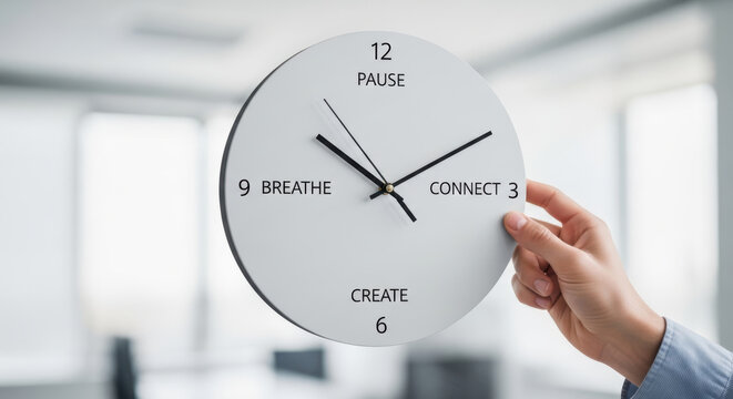 Mental Health Workplace Concepts. Hand holding a modern round white wall clock with inspirational words pause, breathe, create, connect instead of numbers in bright office space