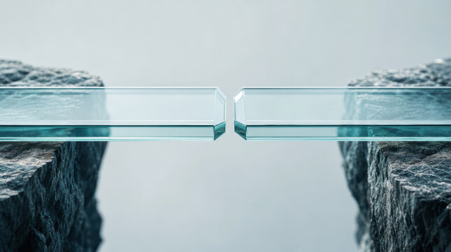Merger acquisition tech glass bridge over gap symbolizing connection and divide