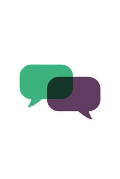 Two overlapping speech bubbles in green and purple colors representing dialogue and conversation - modern flat vector icon illustration for messaging apps and communication platforms on white