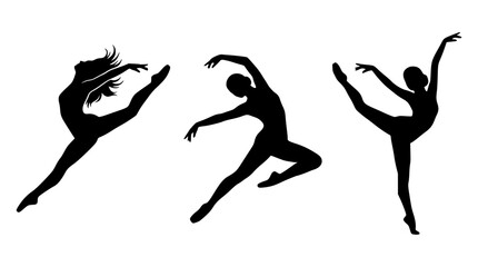 Fototapeta premium Black silhouettes of female dancers performing ballet poses on white background