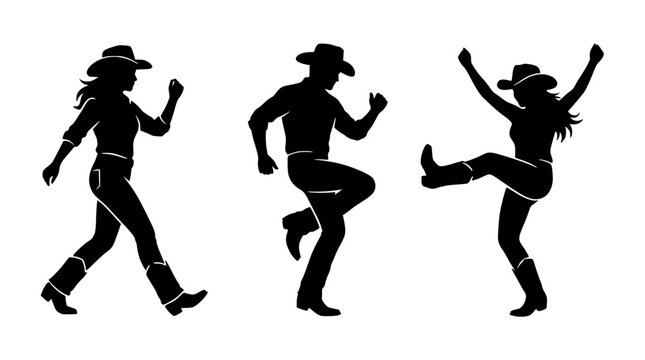 Black silhouettes of people line dancing in cowboy hats and western boots