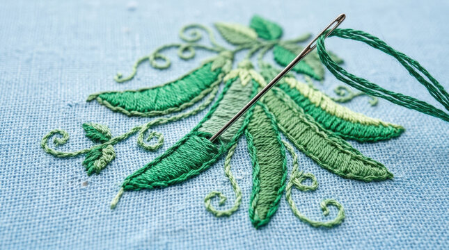 Pea pod embroidery motif featuring green thread on textured blue fabric provides delightful botanical art for home decoration.