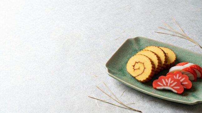 Sweet rolled omelette datemaki and pine-shaped kamaboko fish cakes on green ceramic dish with copy space