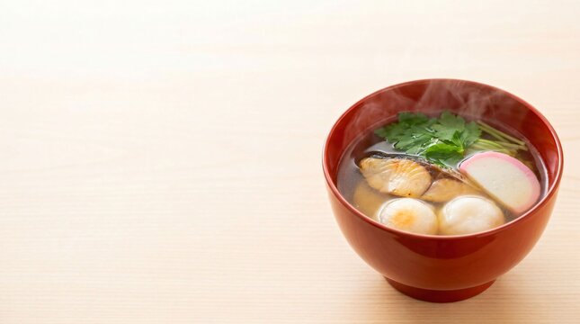 Steaming hot Japanese ozoni soup with yellowtail round mochi and mitsuba in red lacquer bowl