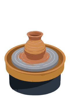 Handcrafted pottery wheel spinning wet clay into a rustic terracotta vase on wooden potter's wheel illustration vector icon - professional high resolution commercial detailed commercial stock