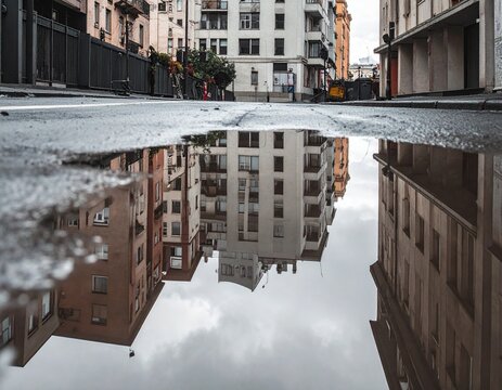 Shallow puddle on asphalt reflecting distorted buildings in a moody abstract reflection