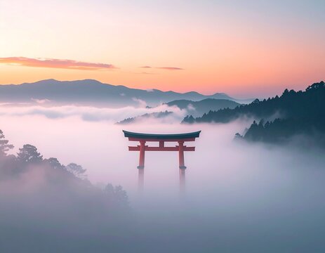 Torii gate emerging from dense fog in a mystical and spiritual mood with a muted colour palette