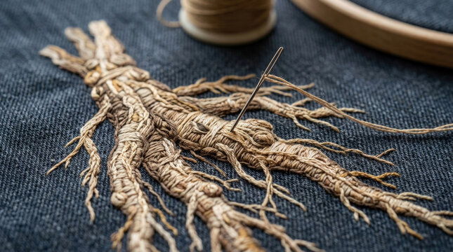Textured root system embroidery art on navy denim fabric for organic science themes and handmade decorative textile craft projects.