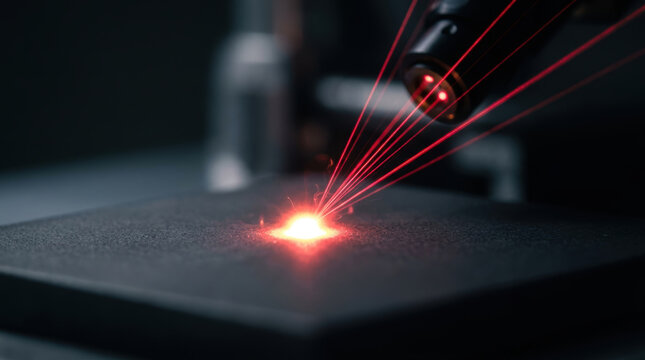 Laser engraving machine creates glowing red light on dark metal surface for prostate cancer treatment research