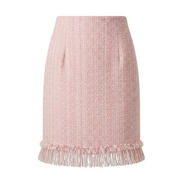 Pink tweed mini skirt with fringe hem isolated on white background