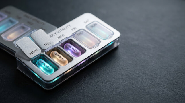 Morning weekly pill organizer with prostate cancer treatment medication capsules
