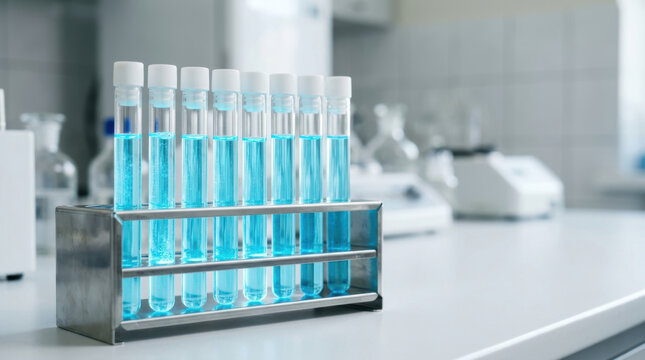 Bright blue liquid in laboratory test tube rack supports prostate cancer treatment research in sterile clinical laboratory setting