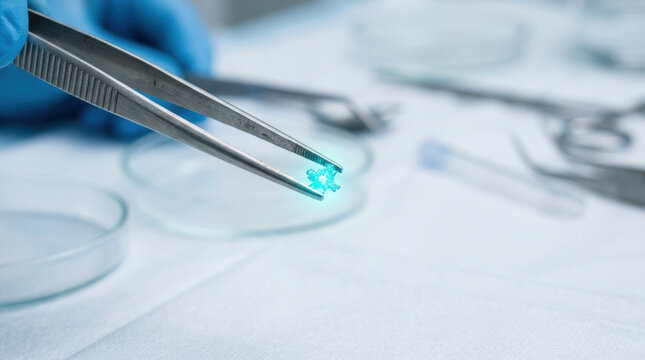Prostate cancer treatment research using precision tweezers and glowing medical material in sterile laboratory setting for advanced care