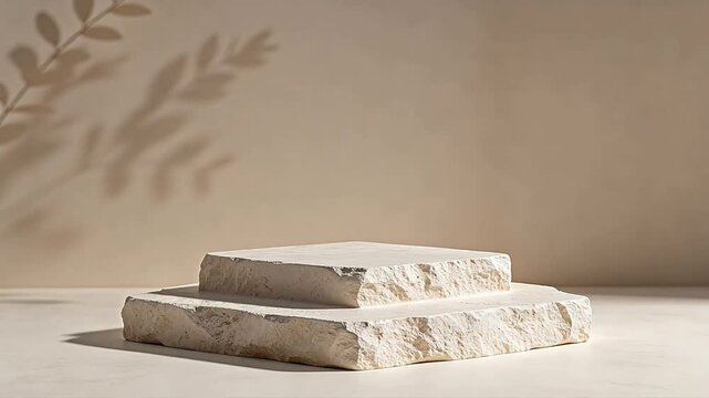 White stone steps with plant leaf shadows on a light wall in a minimalist interior