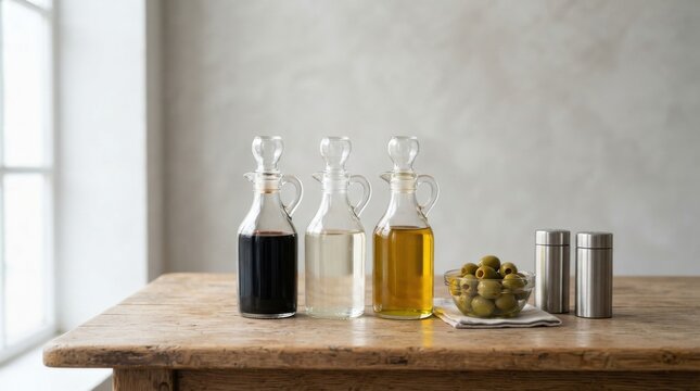 Glass cruets with balsamic vinegar, white vinegar, and olive oil, a bowl of green olives, and salt and pepper shakers on a rustic wooden table