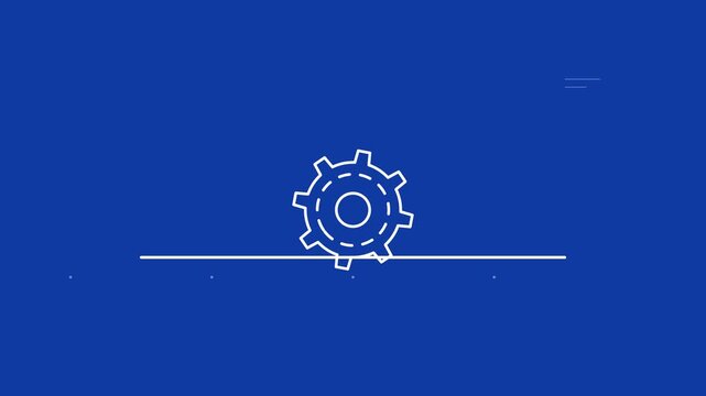 White gear settings icon on blue background, representing configuration, options, and technical adjustment motion graphic.