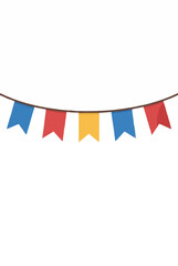 Fototapeta premium Vibrant colorful triangular pennant bunting flags in blue red and yellow hanging from a brown rope string festive party celebration decoration vector icon illustration for holiday event design