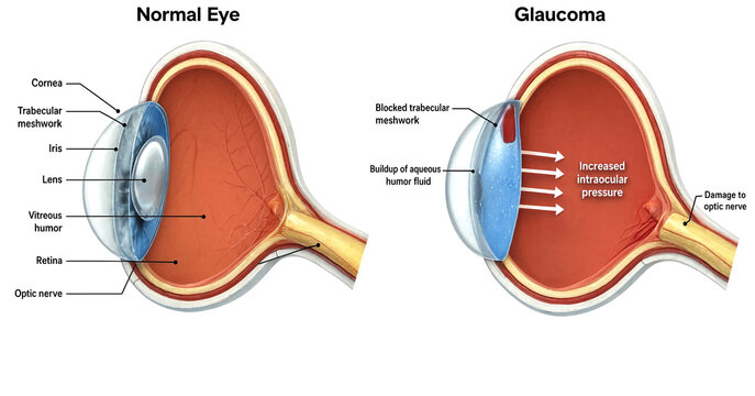 Comparison illustration of normal eye versus glaucoma affected eye anatomy