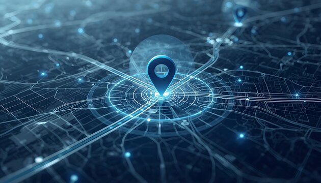 Digital map interface with glowing location pin markers representing geospatial data and connectivity